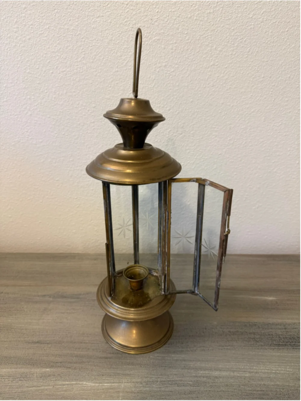 Vintage Brass French Wedding Procession Lantern Etched Starburst Glass Candle